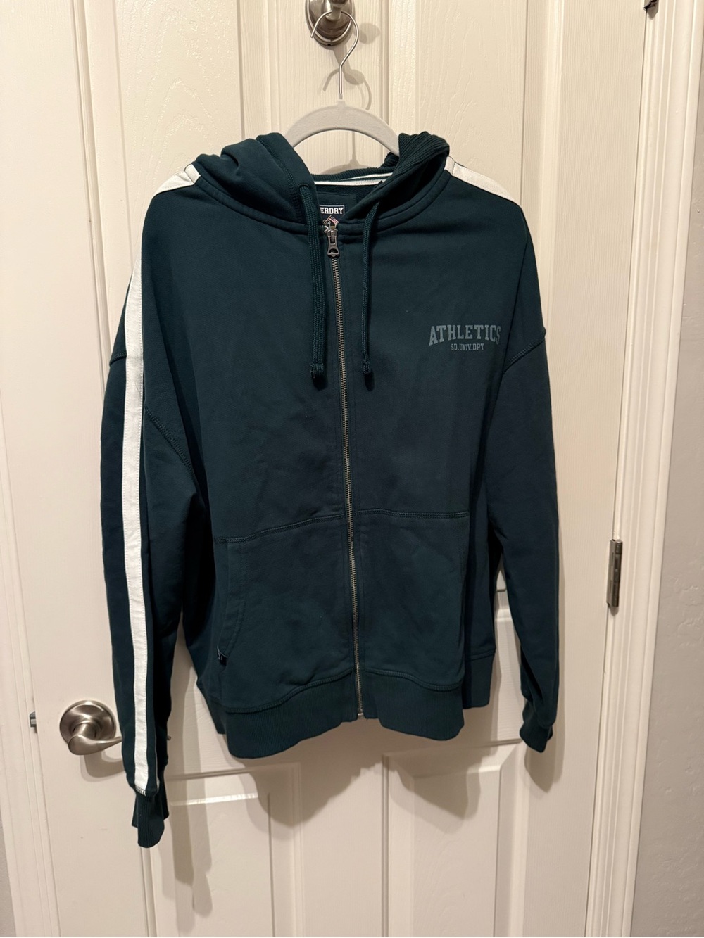 NWOT SuperDry Athletics Zip-Up Hoodie Sweatshirt - Forest with White Stripe